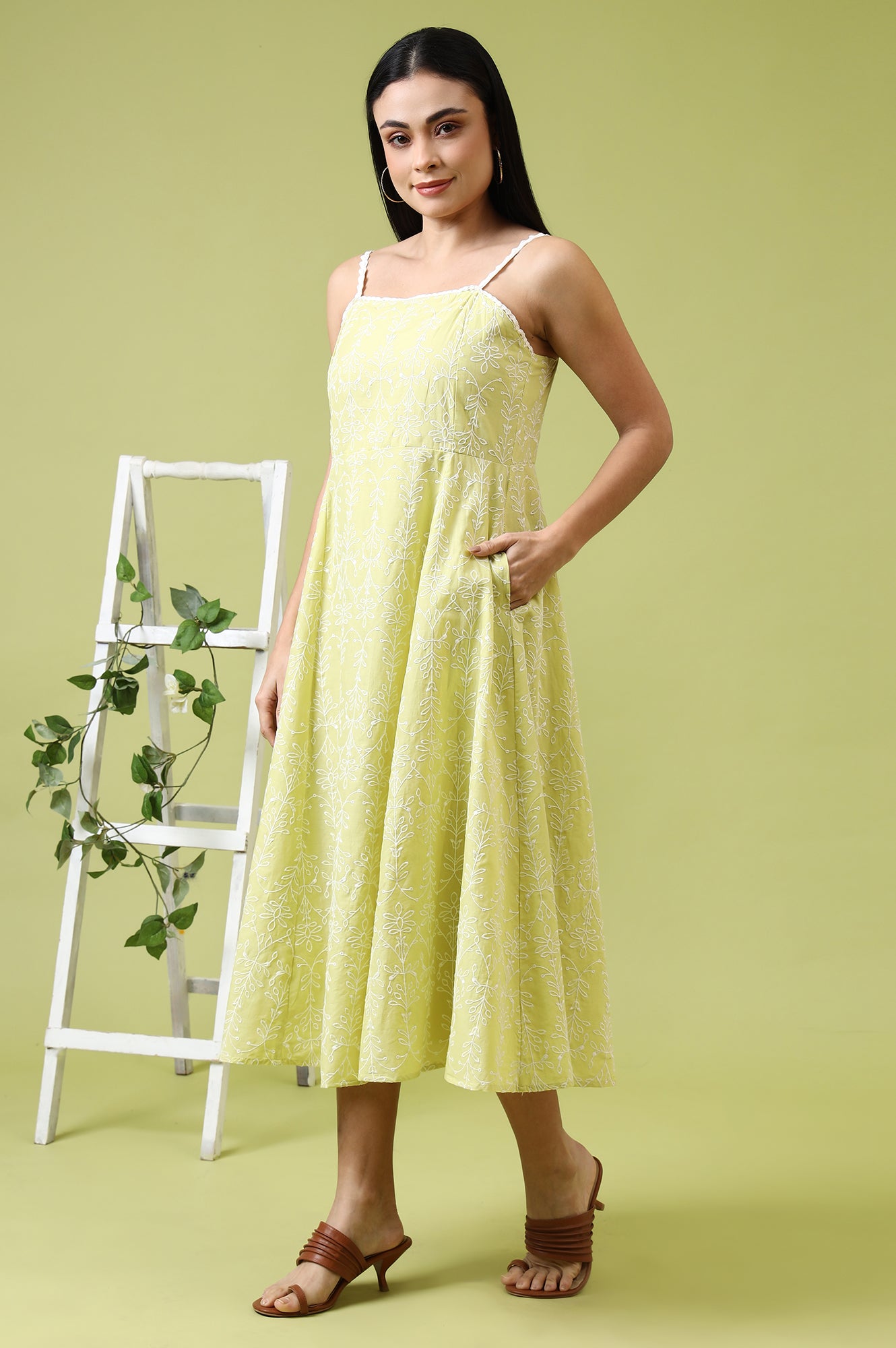 Lime Green Schiffli Embroidered Pure Cotton Flared Spaghetti Dress - Image 7