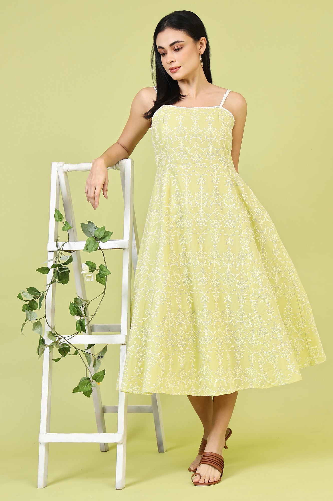 Lime Green Schiffli Embroidered Pure Cotton Flared Spaghetti Dress - Image 10