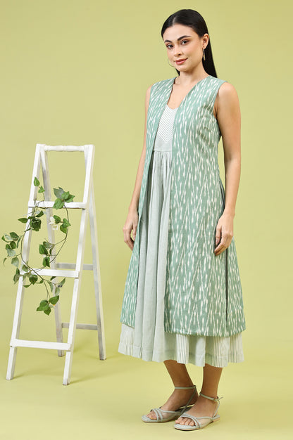 White and Green Geometric Printed Flared Spaghetti Dress and Gilet Set - Image 5