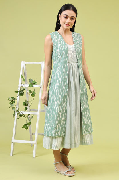 White and Green Geometric Printed Flared Spaghetti Dress and Gilet Set - Image 4
