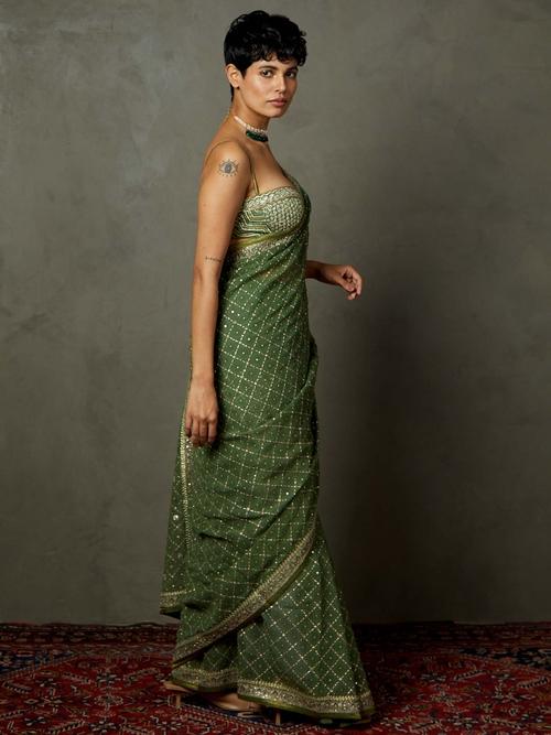 Khaki Rohira Saree With Unstitched Blouse - Image 3